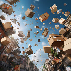 Parcel boxes flying in the sky, in the style of hyper-realistic urban, candid moments captured, organized chaos, cityscape photographer, wrapped