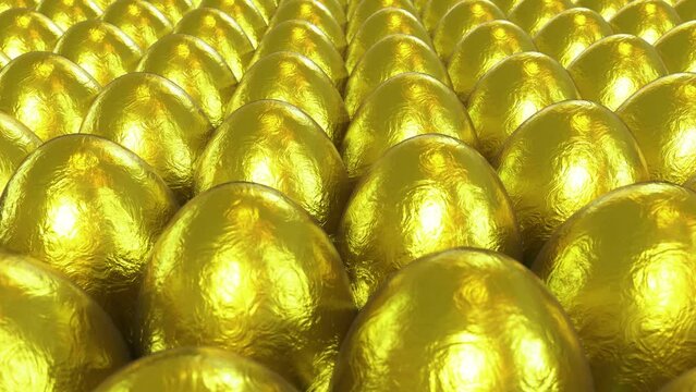 Realistic tracking DOF dolly camera looping 3D animation of the fancy textured gold Easter eggs rendered in UHD