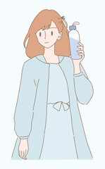 Woman holding bottle of water,  drinking more water. Girl holding reusable water bottle. Hand drawn flat cartoon character vector illustration.