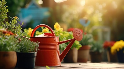 Closeup of a weathered watering can resting on a wooden bench, surrounded by an array of colorful potted plants on a rooftop garden.