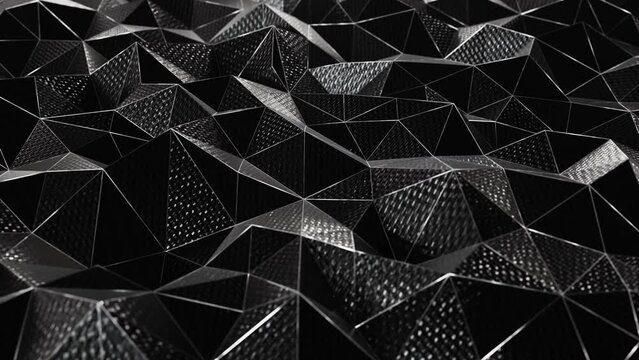 Realistic looping abstract 3D animation of the dark moving carbon fiber polygonal pattern rendered in UHD as motion background