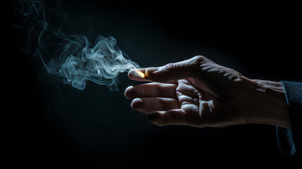 A hand holds a lit cigarette and releases smoke, on background