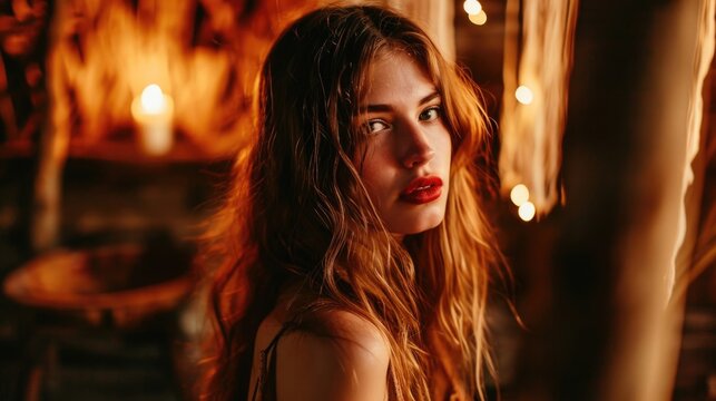 A woman with long, wavy hair and a bold red lip, surrounded by rustic wooden elements and soft candlelight, exuding a warm, earthy beauty.