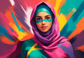 A beautiful Muslim woman superhero in a mask and a super hero costume