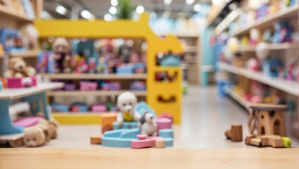 empty wooden table for product display with kids toys shop background