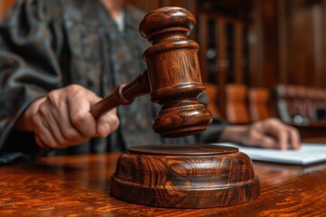 Judge holding of Judge hammer in courtroom. Generative AI.