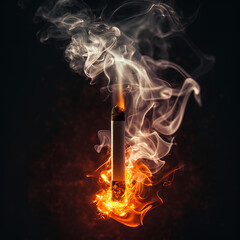 A hand holds a lit cigarette and releases smoke, on background