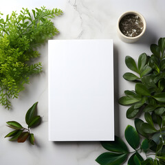 Minimal white hardcover book mockup on the desk with plants