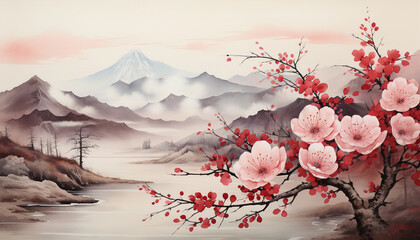 a copy space art image of plum blossom with Chinese ink style landscape as background