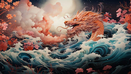 An orange color dragon in the ocean with a landscape background, there is some spring flower as decoration