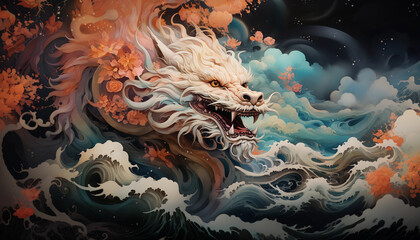 Fototapeta na wymiar a flying dragon in the stormy sky and ocean in orange and blue color. Fantasy illustration. 