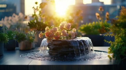 Closeup of a cascading waterfall feature in a peaceful rooftop garden, creating a serene escape from the busy urban streets.
