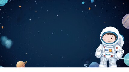 Fototapeta premium Astronaut cartoon illustration, greeting card template text copy space design. Childern theme.