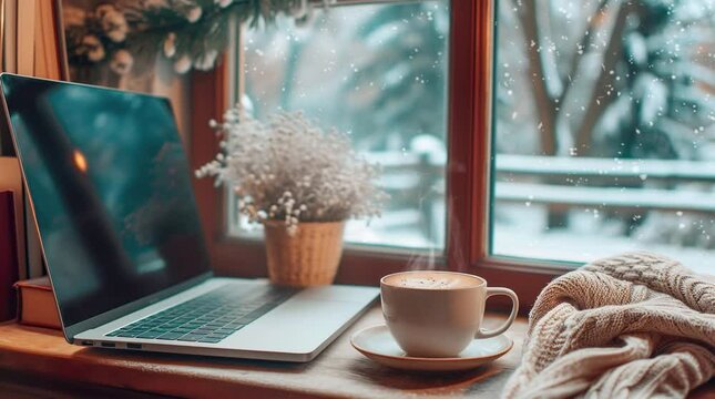cup of hot coffee on the window Seamless looping 4k time-lapse virtual video animation background. Generated AI