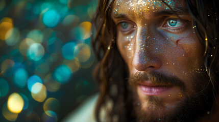 Illustration of the Face of Jesus Christ in glitter effect - obrazy, fototapety, plakaty