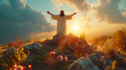 Jesus Christ stands on a rock with his hands raised to God - obrazy, fototapety, plakaty