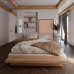 interior of a modern bedroom, fabric bed, mockup frame