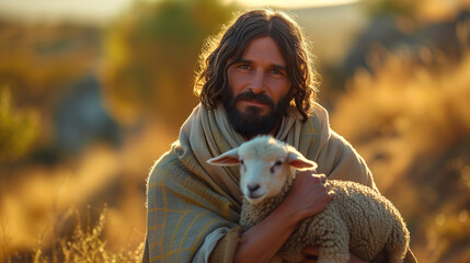 Jesus Christ holds a little lamb in his hands. A caring shepherd saves one lamb