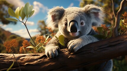 Fototapeta premium A sleepy koala clinging to a eucalyptus tree