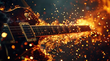 Dazzling sparks of fire shooting from the fretboard of an electric guitar adding a fiery edge to the rock performance.