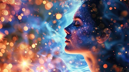 A serene portrait of a woman with her head tilted to the side and eyes closed, surrounded by a glowing vortex of particles in a radiant whirlwind. - obrazy, fototapety, plakaty