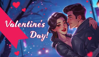 Cute couple embracing out in the winter snow with "Valentine's Day" and copy space
