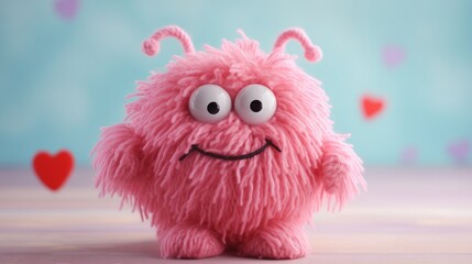 Cute fuzzy animal made of yarn with copy space for Valentine's Day 