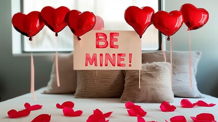 Valentine's Day bed with rose petals, red balloons, and a sign that reads "Be Mine!"
