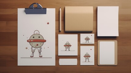 Stationery mockup flat lay top view, astronaut theme. On the top table.