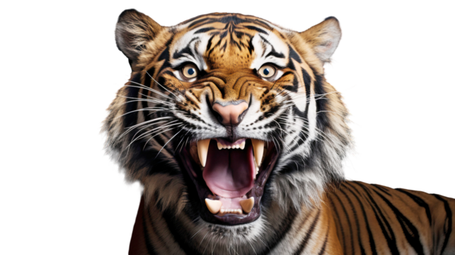 Portrait of a tiger with angry face and open the mouth, isolated on transparent background