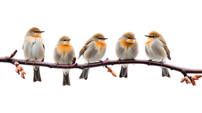 Group of birds on a tree branch isolated on transparent background