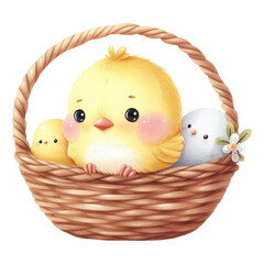 Fluffy Easter Basket with Baby Chick, Bunny, and Decorative Eggs in a Spring Setting
