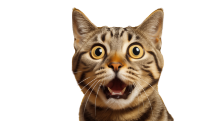 Funny tabby cat close-up looking shocked or surprised, isolated on white background