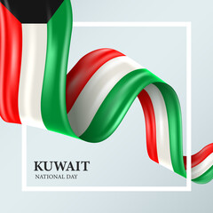 Kuwait National day with 3D ribbon flag. Bent waving 3D flag in colors of the Kuwait national flag