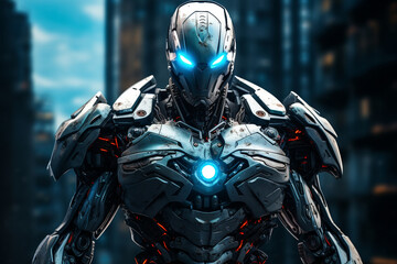cyborg robot in armored suit - obrazy, fototapety, plakaty