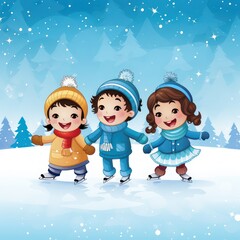 Fototapeta premium Winter time Cartoon illustration of children playing in the snow outdoors wearing jacket and beanie hat. 
