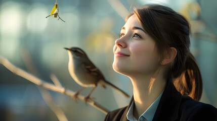 Woman Looking Up at Bird on Branch in a Park