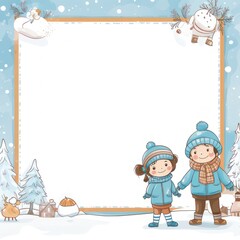 Fototapeta premium Winter snow theme Greeting card template with copy space cartoon children design illustration. 