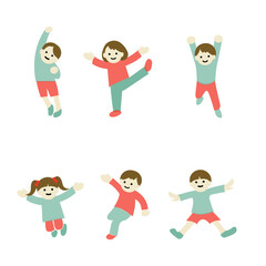 いろいろなポーズの元気で笑顔の子供たちのイラスト　線なし　カラー　