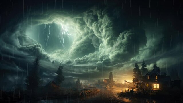 Tempest Turmoil: Amidst Houses and Trees, Tornadoes, Rain, and Lightning Rage