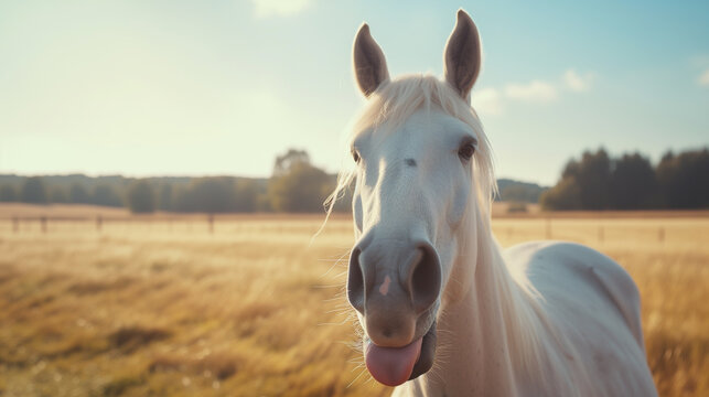 A white horse in a field, bringing its mouth close to the camera and sticking out its tongue. During the summer, with a field in the background
