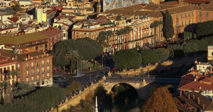 Aerial view of centre of european city Murcia with coast line of segura river, Spain