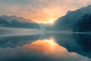 Foto op Canvas Image of a vibrant sunset over a serene lake, with colorful reflections shimmering on the water © Huong
