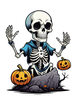 Halloween skeleton with pumpkins on transparent background