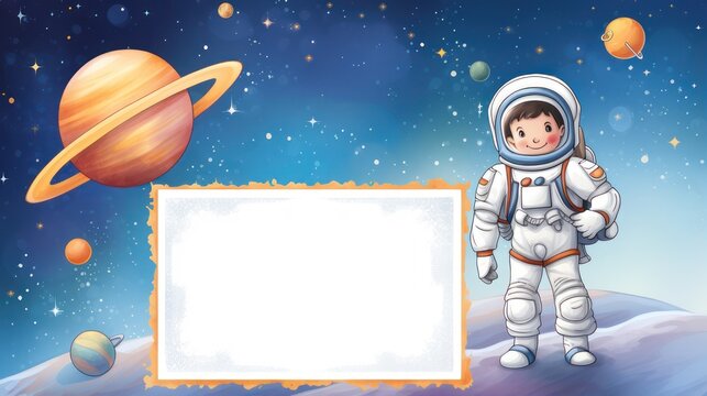 Astronaut cartoon illustration, greeting card template text copy space design. Childern theme.