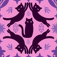 Black cat spiritual seamless pattern. Hand drawn cats crystal and stars on pink background