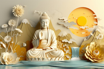 glowing golden buddha with 3d paper cut flowers and landscape background
