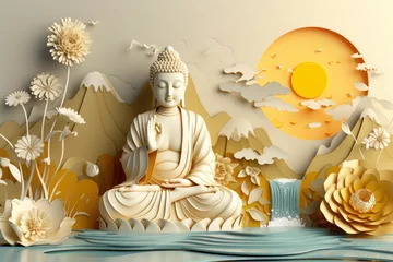 Fototapeten glowing golden buddha with 3d paper cut flowers and landscape background © Kien