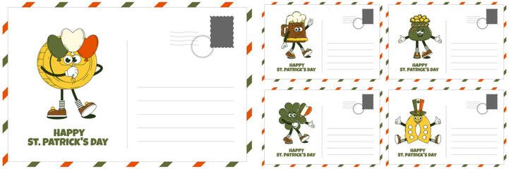Happy Saint Patricks Day retro set postcard. Funky groovy cartoon characters. Vintage funny mascot patch psychedelic smile, emotion. Comic trendy vector illustration