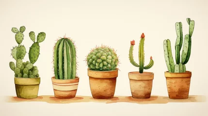 Papier Peint photo autocollant Cactus en pot A watercolor style, minimal cartoon illustration of different cactuses, green, craft paper.